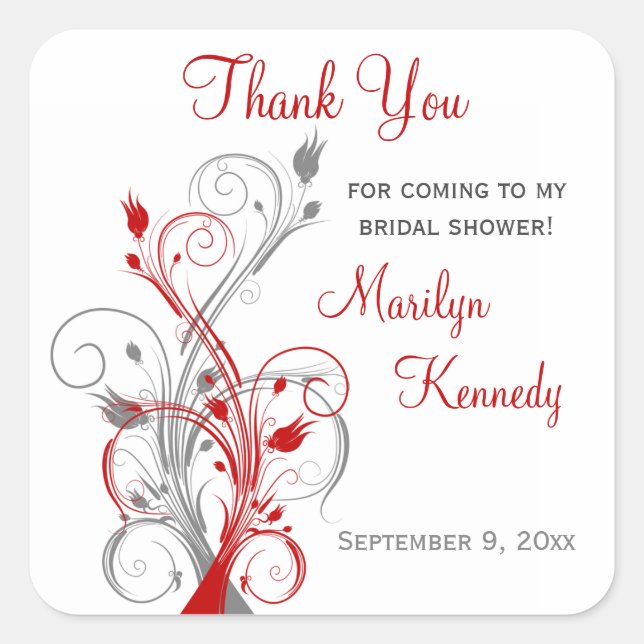 White, Red, Grey Floral Bridal Shower Sticker (Front)