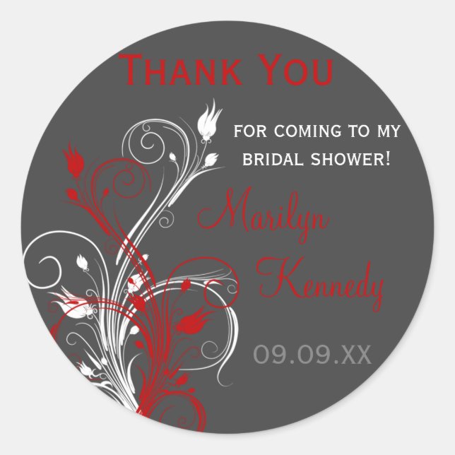White, Red, Grey Floral Bridal Shower Sticker (Front)