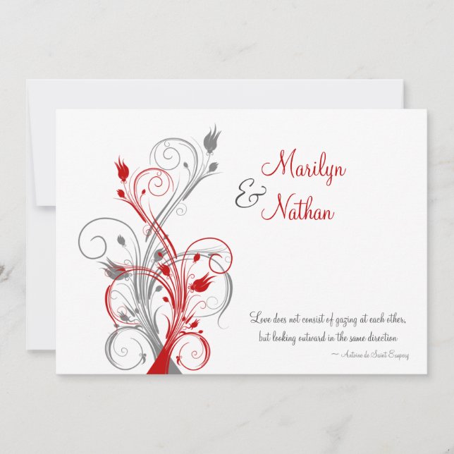 White, Red, Grey Floral Wedding Invitation (Front)