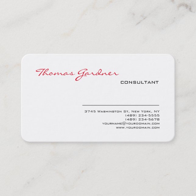 White Red Handwriting Plain Modern Minimalist Business Card (Front)