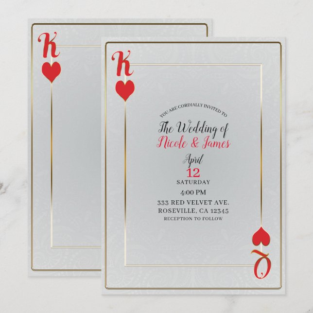 White Red King & Queen of Hearts Elegant Wedding Invitation (Front/Back)