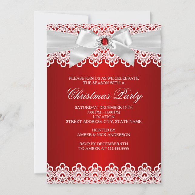 White Red Lace Jewel Bow Christmas Party Invite (Front)