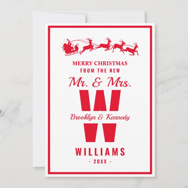 White Red Monogram Newlywed Mr And Mrs Christmas Holiday Card (Front)