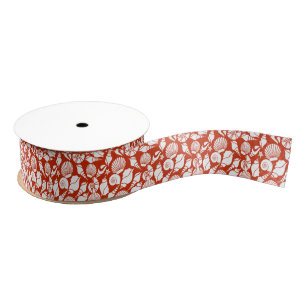 White Red Ocean Nautical Seashells Pattern Grosgrain Ribbon