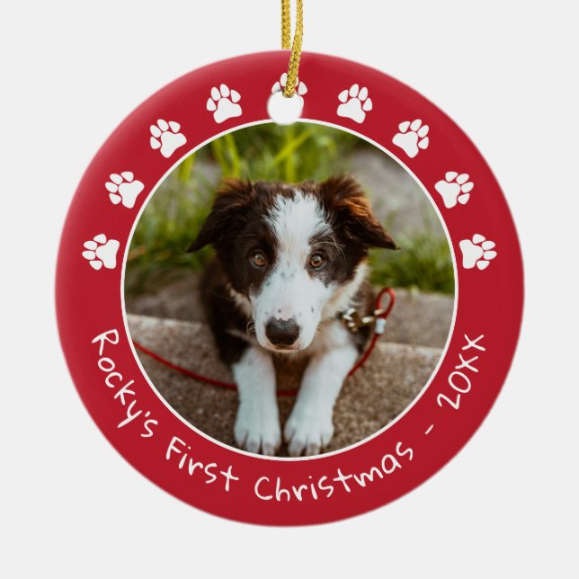 White Red Paw Prints Pet's First Christmas Photo Ceramic Tree Decoration (Front)