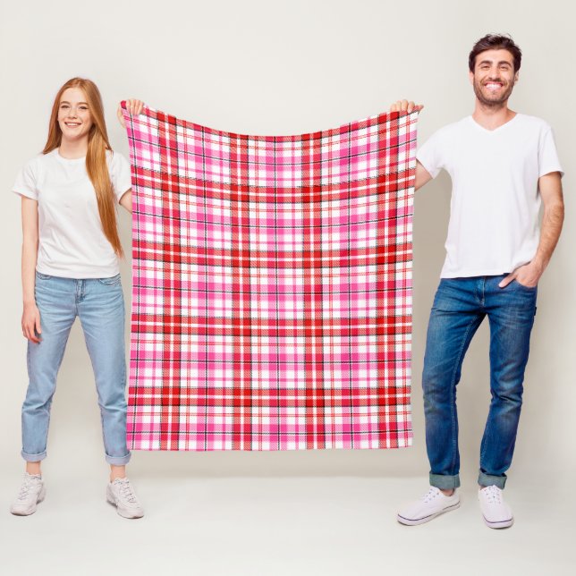 White Red Pink Plaid Tartan Design  Fleece Blanket (In Situ)