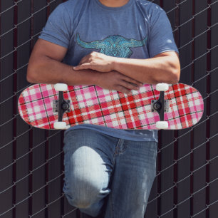 White Red Pink Plaid Tartan Design  Skateboard