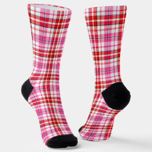 White Red Pink Plaid Tartan Design Socks