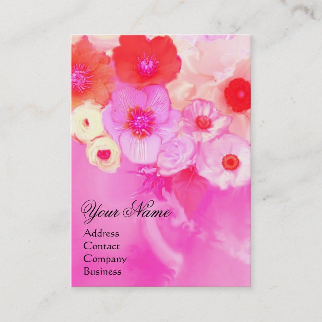 WHITE RED PINK ROSES AND ANEMONE FLOWERS MONOGRAM BUSINESS CARD (Front)