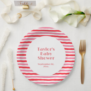 White Red Pink Stripes Baby Shower Paper Plate