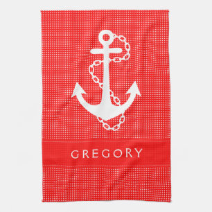 White & Red Polkadot With Nautical Boat Anchor 2 Tea Towel
