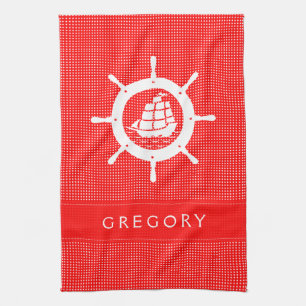 White & Red Polkadot With Nautical Boat Wheel Tea Towel