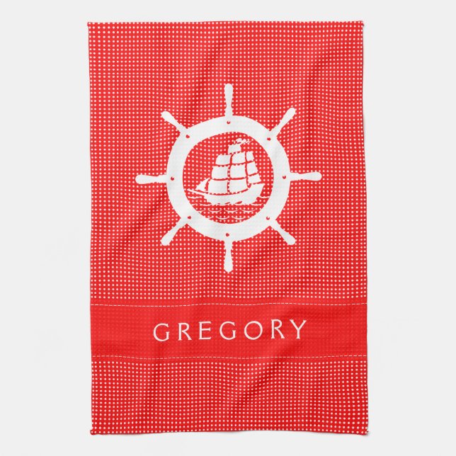 White & Red Polkadot With Nautical Boat Wheel Tea Towel (Vertical)