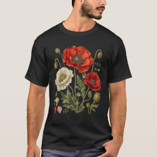 White Red Poppy Flowers Vintage Botanical Garden T-Shirt