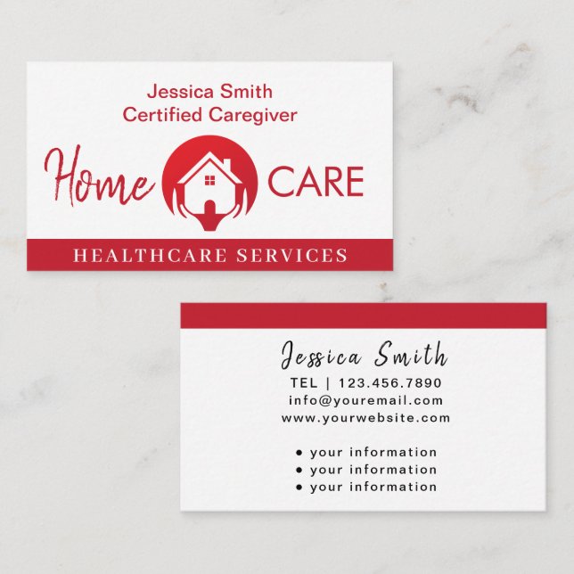 White & Red Professional Home Help Caregiver  Business Card (Front/Back)
