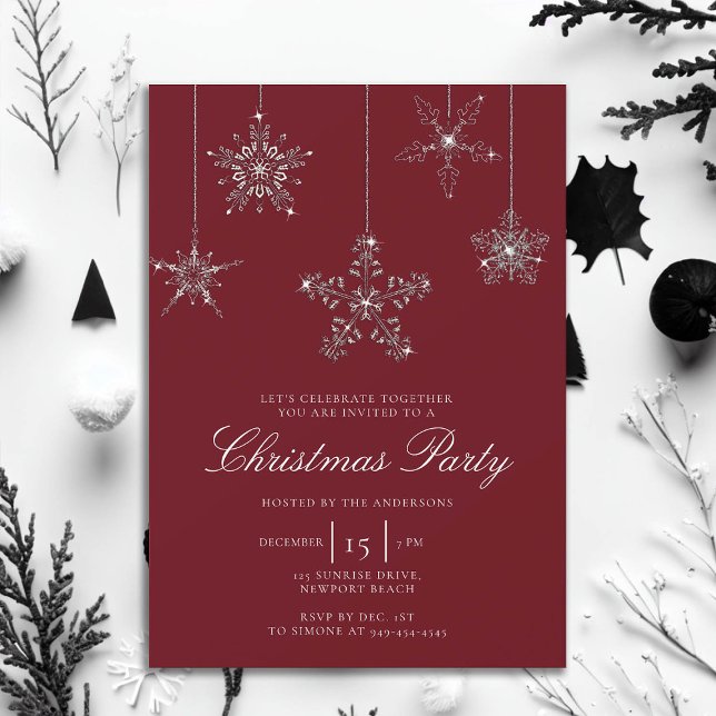 White Red Rhinestone Snowflakes Glitter Christmas Invitation (rhinestones glitter christmas party invitation elegant white red modern minimalist classy stylish)