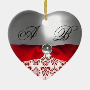 WHITE RED RIBBON DAMASK GEM STONE MONOGRAM CERAMIC TREE DECORATION