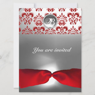 WHITE RED RIBBON DAMASK GEM STONE MONOGRAM INVITATION