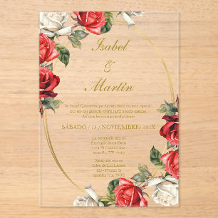 White & Red Rose Elegant Wedding Spanish Acrylic Invitations
