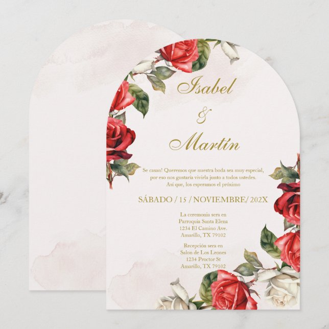 White & Red Rose Elegant Wedding Spanish Invitation (Front/Back)