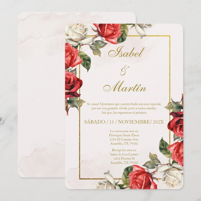 White & Red Rose Elegant Wedding Spanish Invitation (Front/Back)