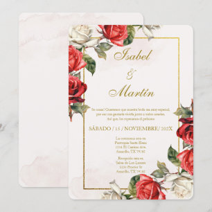 White & Red Rose Elegant Wedding Spanish Invitation