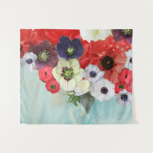 WHITE RED ROSES ,ANEMONE FLOWERS ,TEAL AQUA BLUE TAPESTRY