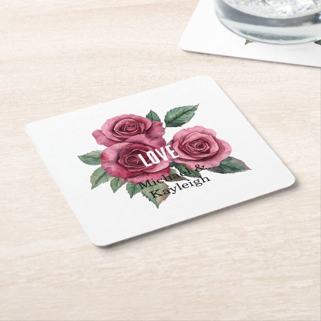 White Red Roses Floral Love Wedding Square Paper Coaster (Angled)