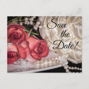 White & Red Roses, Rings, Bouquet, Pearls Postcard