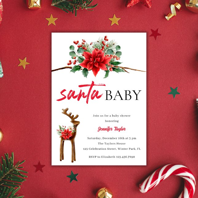 White Red Santa Baby Christmas Themed Baby Shower Invitation (Greenery Red Santa Baby Christmas Baby Shower Invitation)
