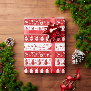 White & Red Santa Face and Snowman Pattern Wrapping Paper