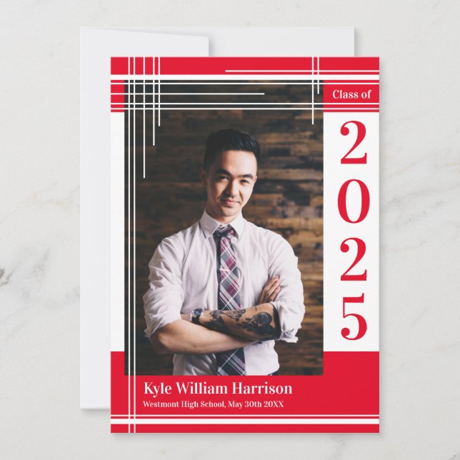 White Red School Colour Graduation Photo Plaid Invitation (Front)