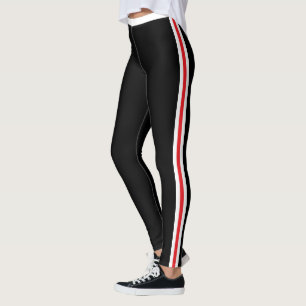 White Red Side Stripe Black Leggings - Your Colour