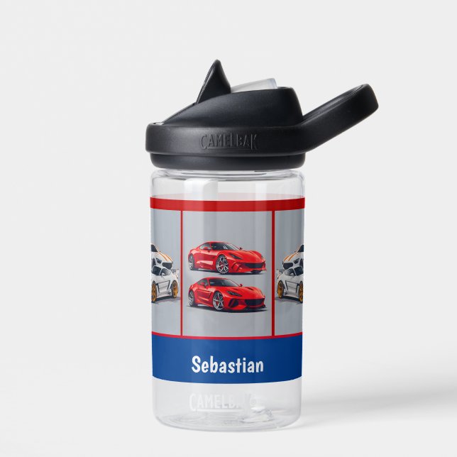 White & Red Sporty Sports Cars Enthusiasts Water Bottle (Left)