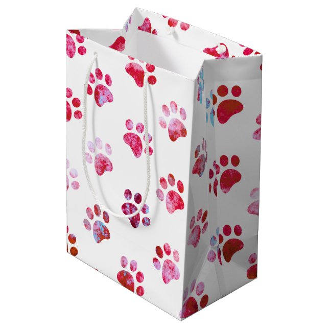 White Red Textured Paw Print Pattern Medium Gift Bag (Back Angled)