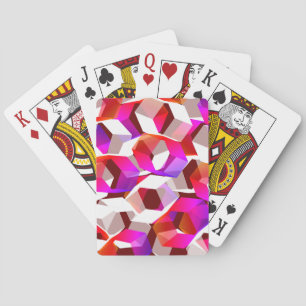 White, red to pink hexagons on dark red background playing cards