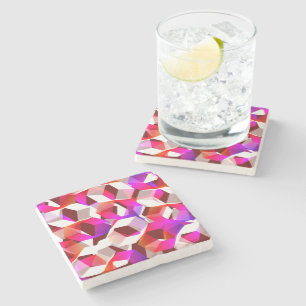 White, red to pink hexagons on dark red background stone coaster