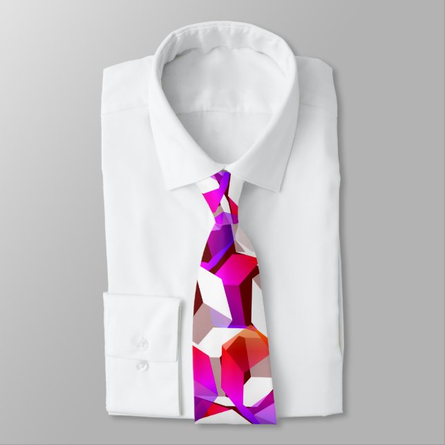 White, red to pink hexagons on dark red background tie (Tied)