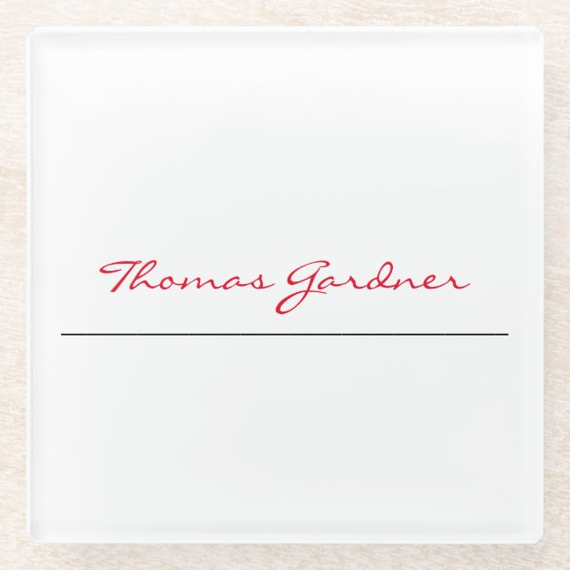 White Red Trendy Handwriting Plain Creative Modern Glass Coaster (Front)