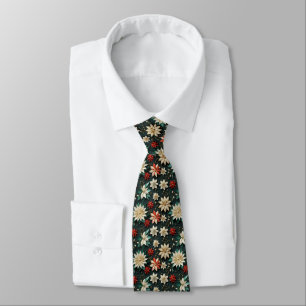 White Red Turquoise Poinsettias Christmas AI Art Tie