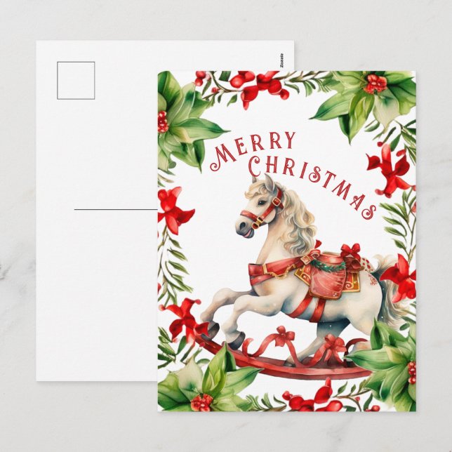 White Red Vintage Rocking Horse Christmas Postcard (Front/Back)