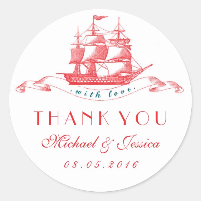 White Red Vintage Ship Wedding Thank You Sticker (Front)