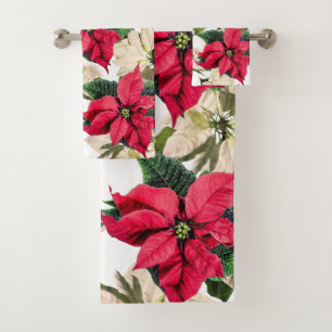 White & Red Winter Poinsettia Flower Towel Set