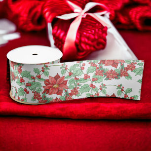 White Red Wreath Poinsettia Holiday Satin Ribbon