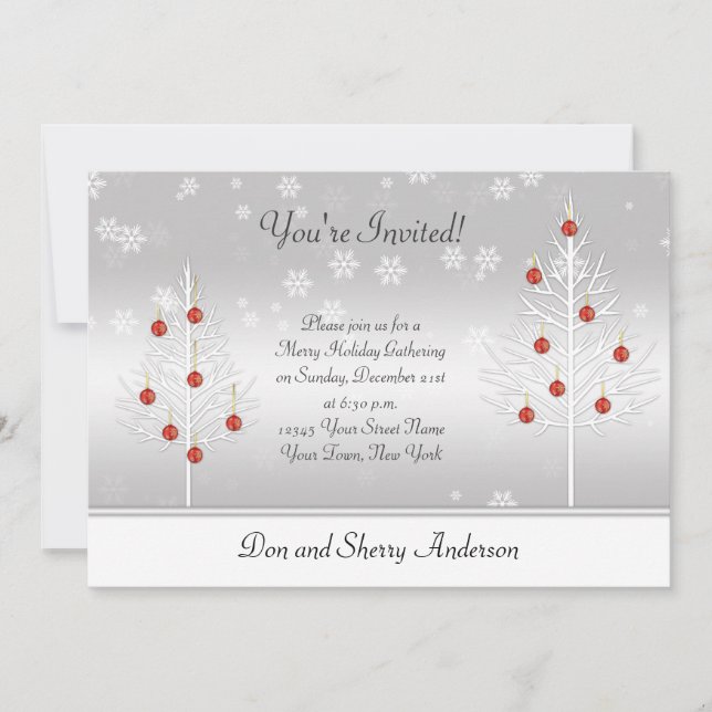 White Red Xmas Trees on Silver Holiday Party Card (Front)