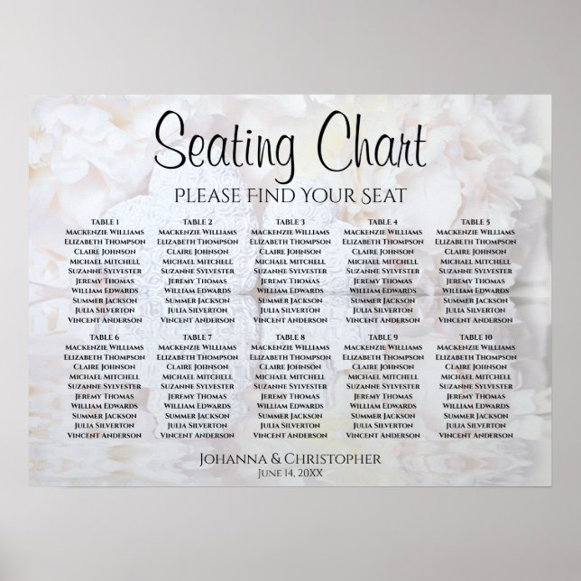 White Reflections 10 Table Wedding Seating Chart (Front)