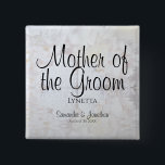 White Reflections Mother of the Groom Nametag 15 Cm Square Badge<br><div class="desc">This beautiful name tag button is perfect for identifying key members of the wedding party at the bridal shower, rehearsal dinner, or wedding reception. Designed as a part of our White Reflections Wedding Suite, it features black text over a background of reflecting white flowers and hearts. The text is fully...</div>