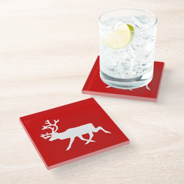 White Reindeer / Caribou Silhouette Glass Coaster (Angled)