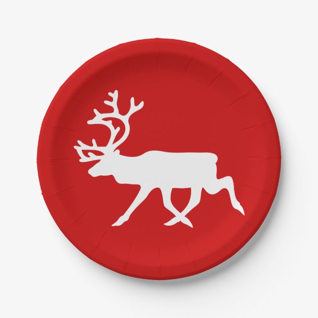 White Reindeer / Caribou Silhouette Paper Plate (Front)