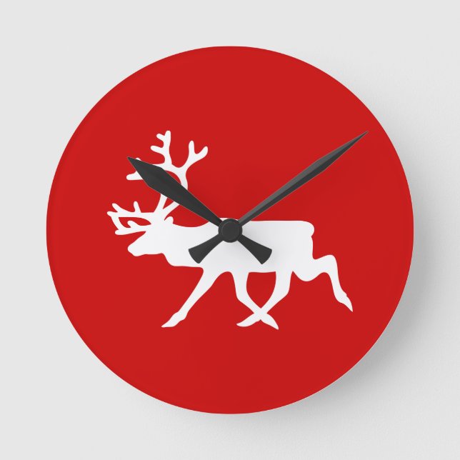 White Reindeer / Caribou Silhouette Round Clock (Front)
